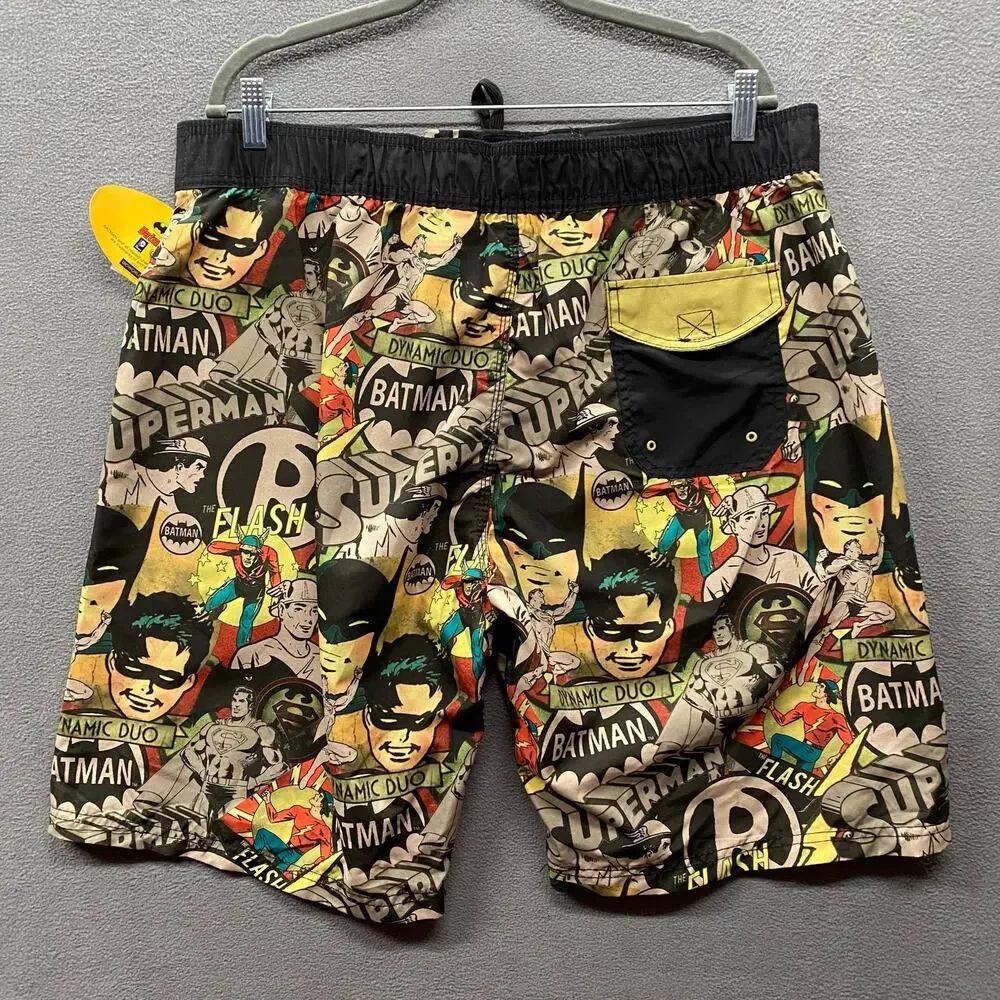 Batman DC Comics Retro Swim Trunks Mens 2XL Superman Flash Lined Pocket‎ Beach